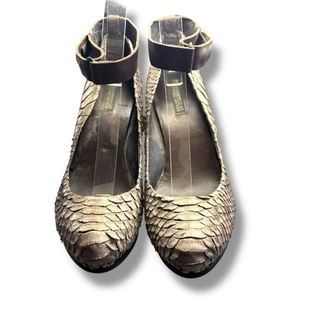 All Saints Taupe Gray Faux Snakeskin Platform Stiletto heels